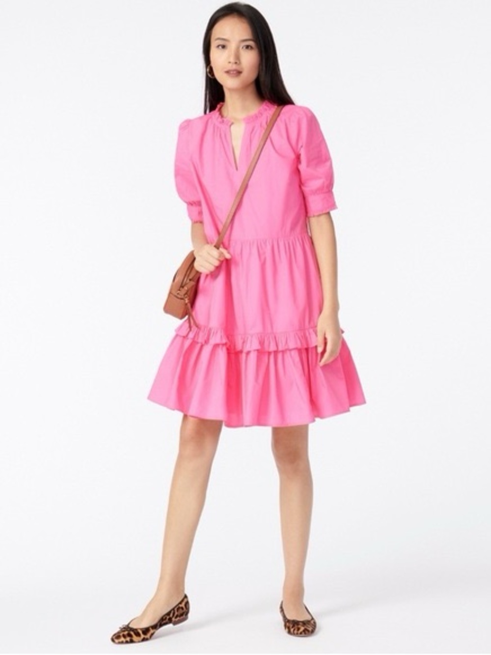 J. Crew Hot Pink Puff-Sleeve Tiered Mini Dress